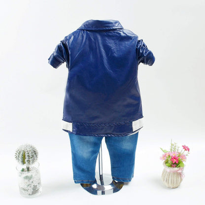 Spring Autumn Baby Boys Clothing Set 3Pcs Long Sleeve T-Shirt Leather Jacket And